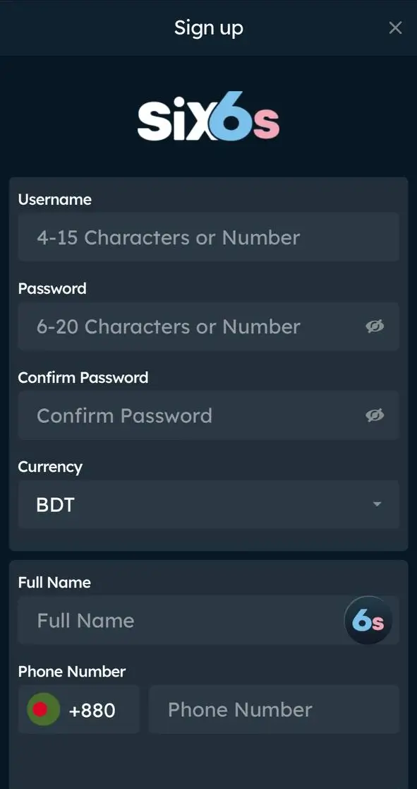 Provide your user information during the Six6s sign up online process to complete your Six6s bet sign up and register for an exciting betting experience in Bangladesh.