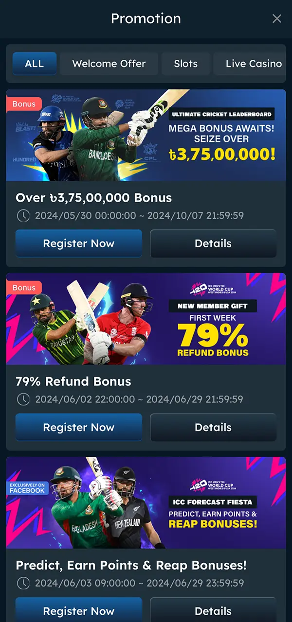 Show you the bonuses section of Six6s betting in Bangladesh, highlighting the exciting promotions and rewards available for an enhanced gaming experience.