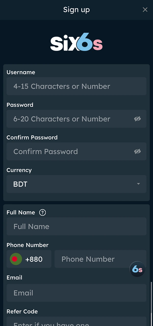 Show you the registration form of Six6s casino and bookmaker in Bangladesh, providing an easy and quick way to join the best betting platform in the country.