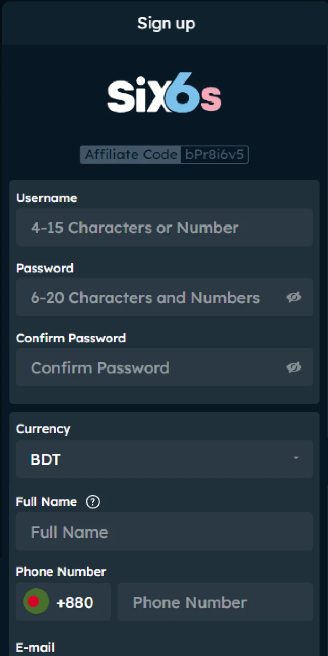 Open the Six6s registration form to create an account.